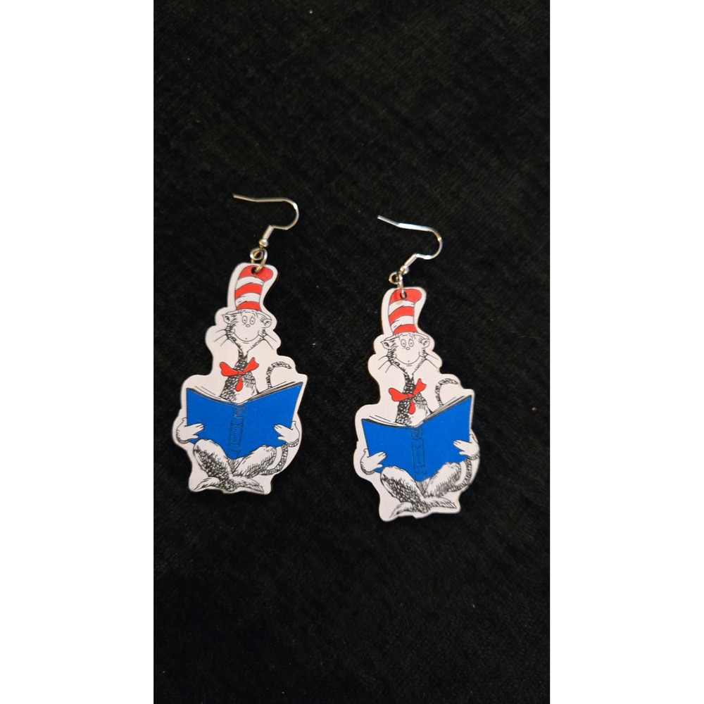 Dr‎ Seuss Cat in the Hat Reading Book Dangle Earrings Silver Tone Fishhook